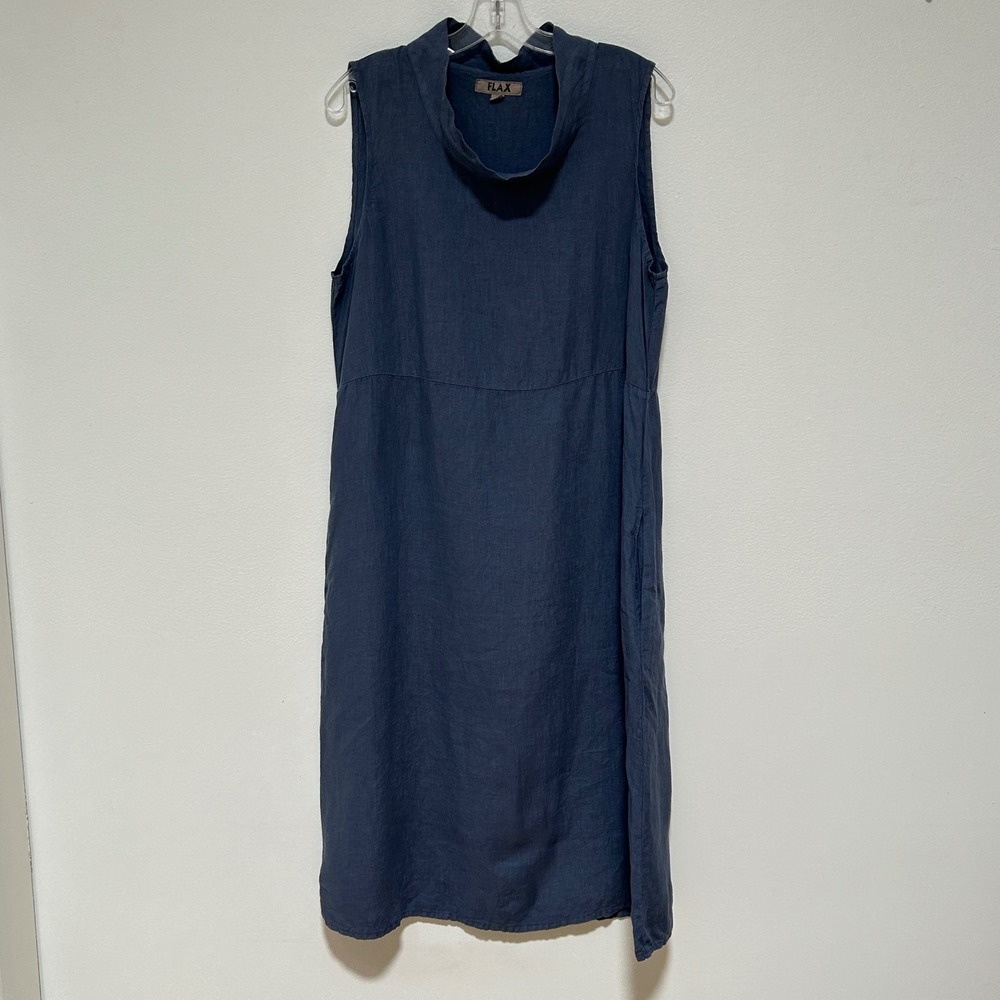FLAX Linen Funnel Neck Sleeveless Midi Dress Navy Blue Small Pockets Lithuania